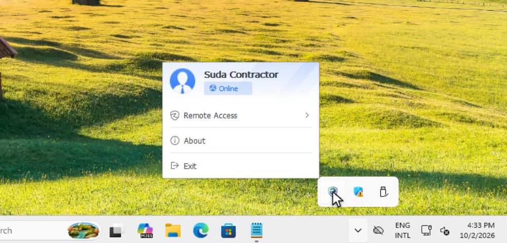 เมนูของไอคอน Client ที่ System Tray แสดงชื่อผู้ใช้ สถานะ Online และรายการ Remote Access, About และ Exit