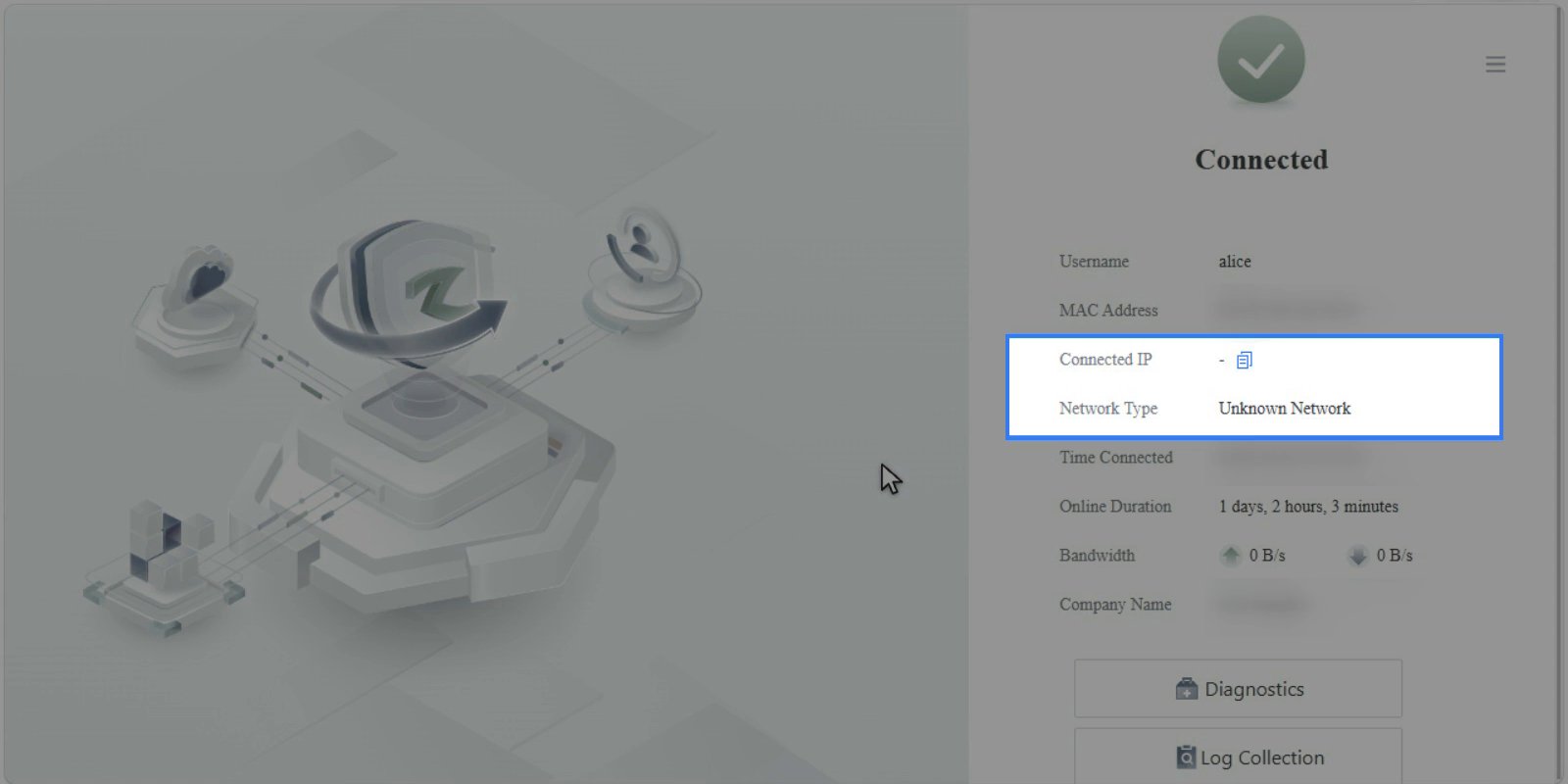 ระหว่าง Temporary Logout ช่อง Connected IP เป็นขีดและ Network Type เป็น Unknown Network