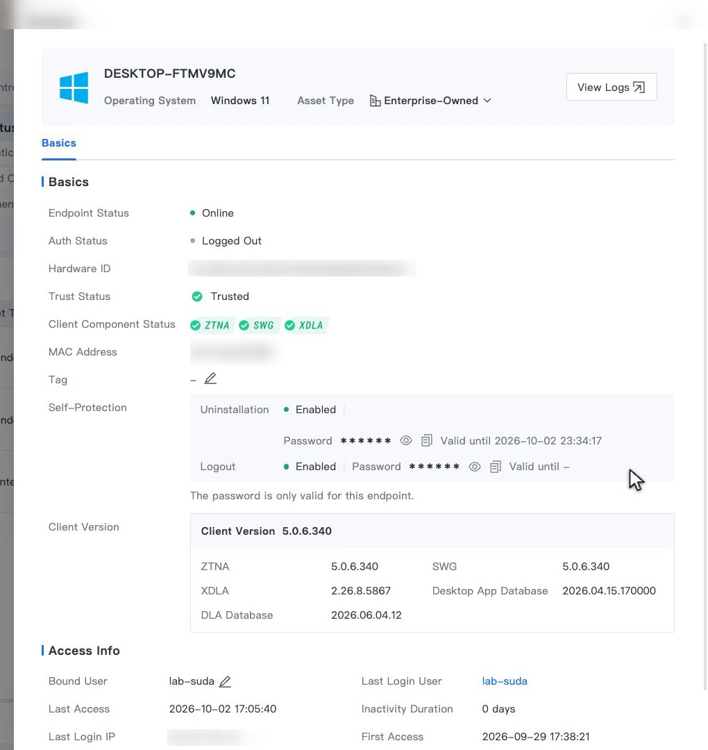 หน้า Details ของเครื่องใน Endpoint Assets ส่วน Self-Protection แสดงรหัสผ่านเฉพาะเครื่องของ Uninstallation และ Logout