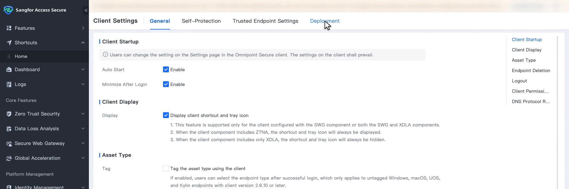แท็บ General ของ Client Settings หัวข้อ Client Display และหมายเหตุการแสดง Shortcut และไอคอนตาม Component
