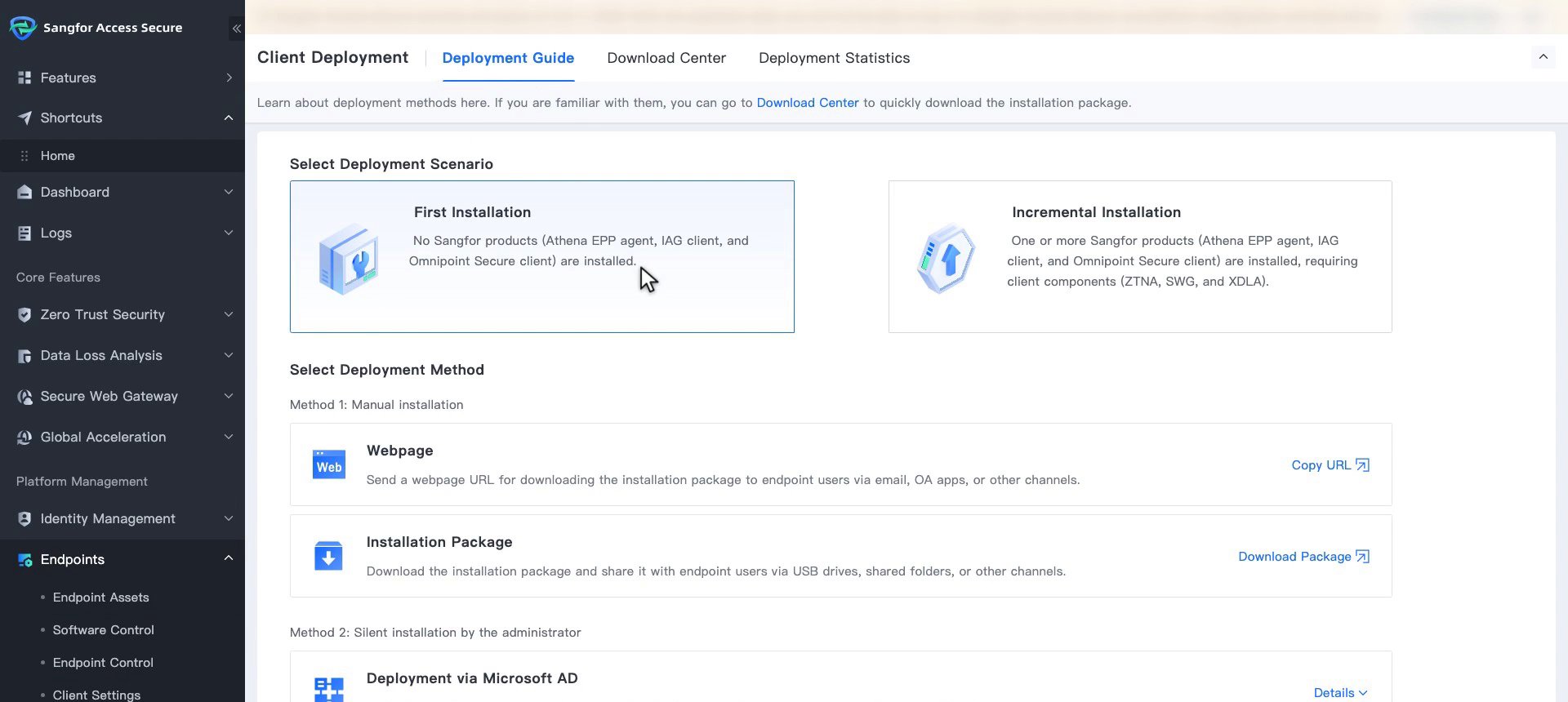 แท็บ Deployment Guide เลือก First Installation และแสดงวิธี Deploy แบบ Webpage และ Installation Package