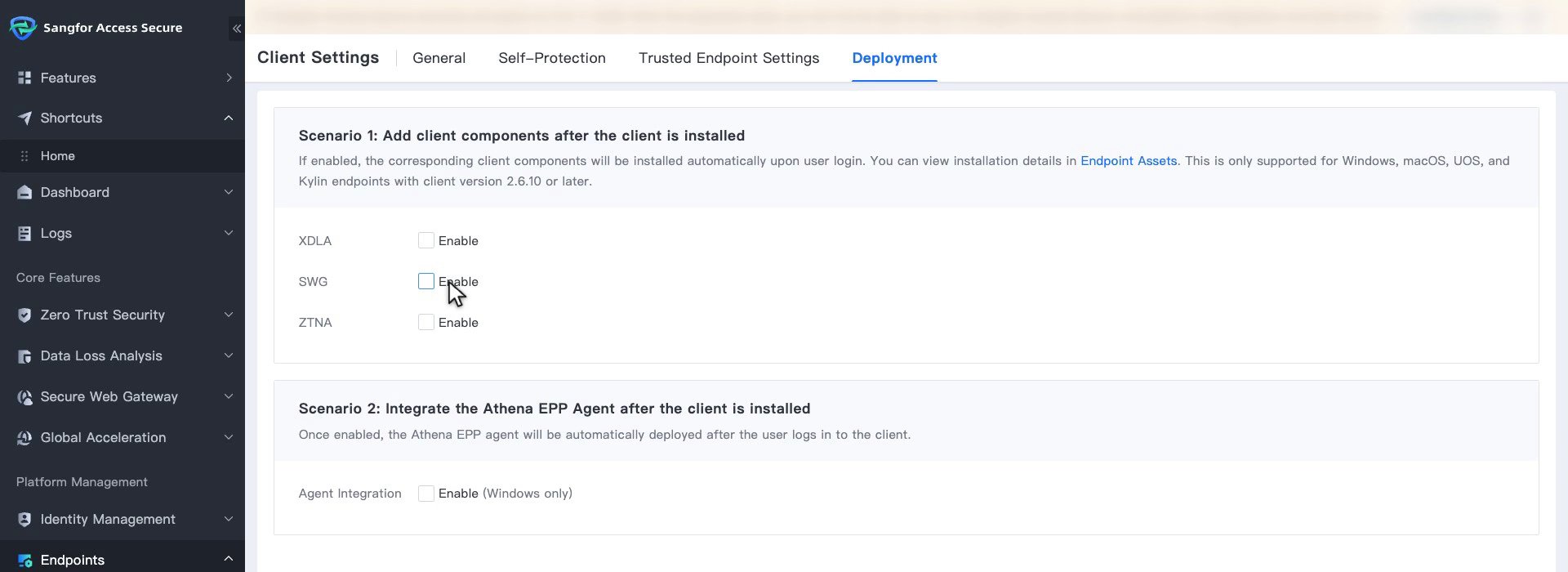 แท็บ Deployment ของ Client Settings แสดง Scenario 1 สำหรับ XDLA, SWG และ ZTNA และ Scenario 2 Agent Integration