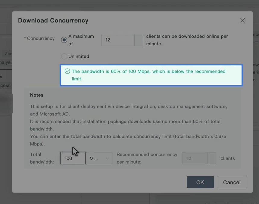 หน้าต่าง Download Concurrency กรอก Total bandwidth 100 Mbps และแสดงค่าแนะนำ 12 เครื่องต่อนาที