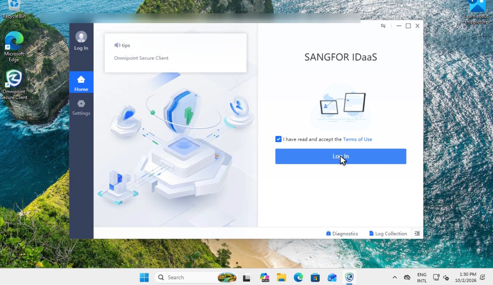 เครื่องที่ได้รับ Client จาก Group Policy มี Shortcut ของ Omnipoint Secure Client บน Desktop และหน้าต่าง Client รอ Login