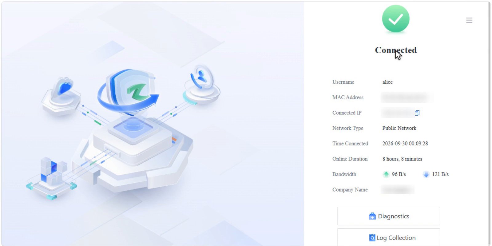 หน้าสถานะ 127.0.0.1:30001 แสดง Connected, Username, Network Type, Online Duration, Bandwidth และปุ่ม Diagnostics และ Log Collection