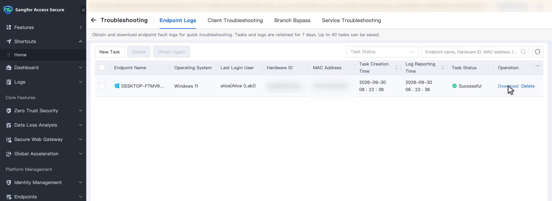 แท็บ Endpoint Logs แสดง Task ที่สถานะ Successful พร้อมปุ่ม Download และ Delete