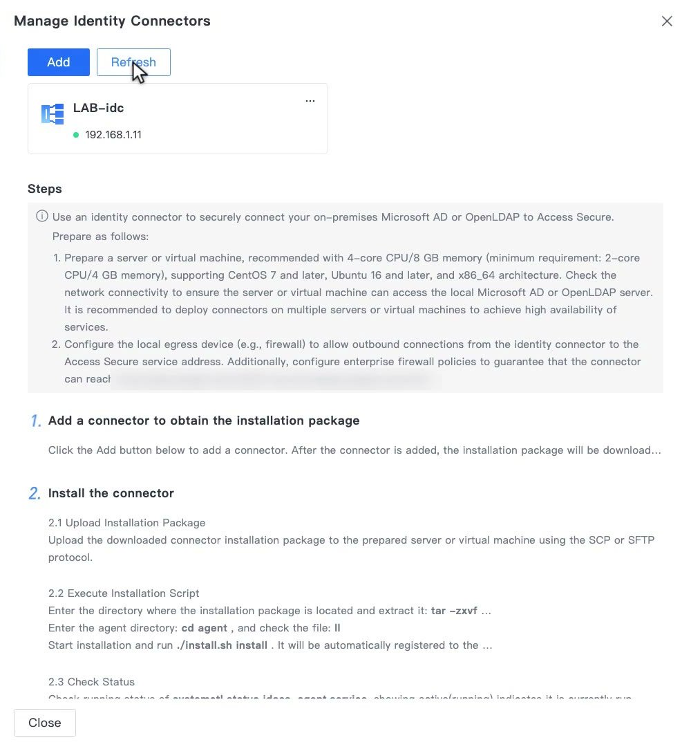 หน้า Manage Identity Connectors แสดงขั้นตอนติดตั้งและ Spec ของเครื่อง