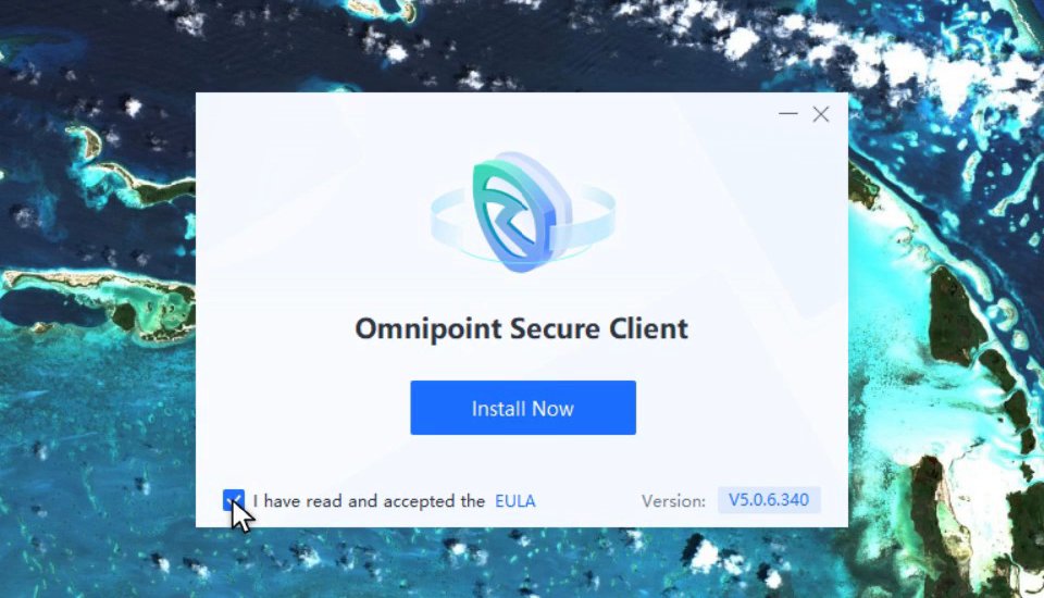 หน้าต่างติดตั้ง Omnipoint Secure Client ที่ติ๊กยอมรับ EULA แล้ว พร้อมปุ่ม Install Now