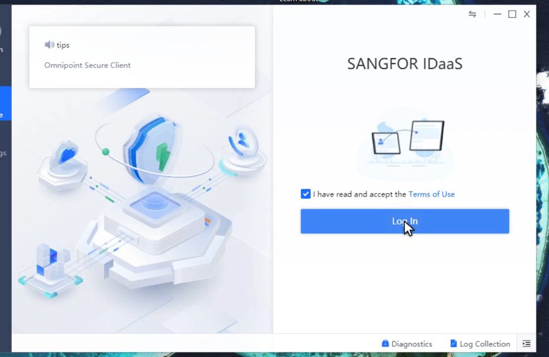หน้าต่าง Client ก่อน Login แสดงหัวข้อ SANGFOR IDaaS และปุ่ม Log In