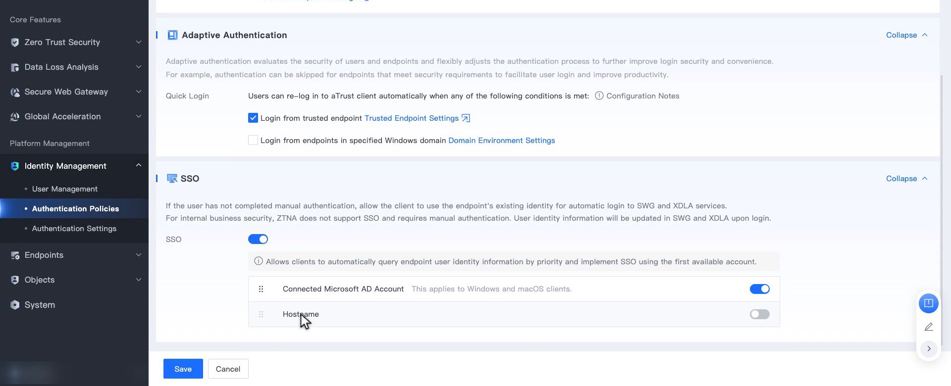 หัวข้อ SSO ใน PC (Client Access) เปิดสวิตช์ SSO และเปิด Connected Microsoft AD Account