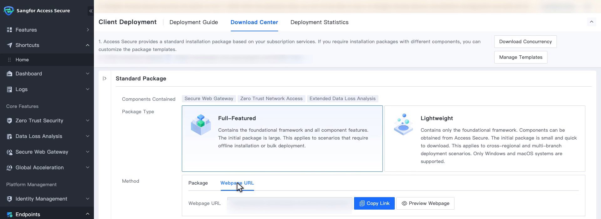Download Center เลือก Method เป็น Webpage URL พร้อมปุ่ม Copy Link และ Preview Webpage