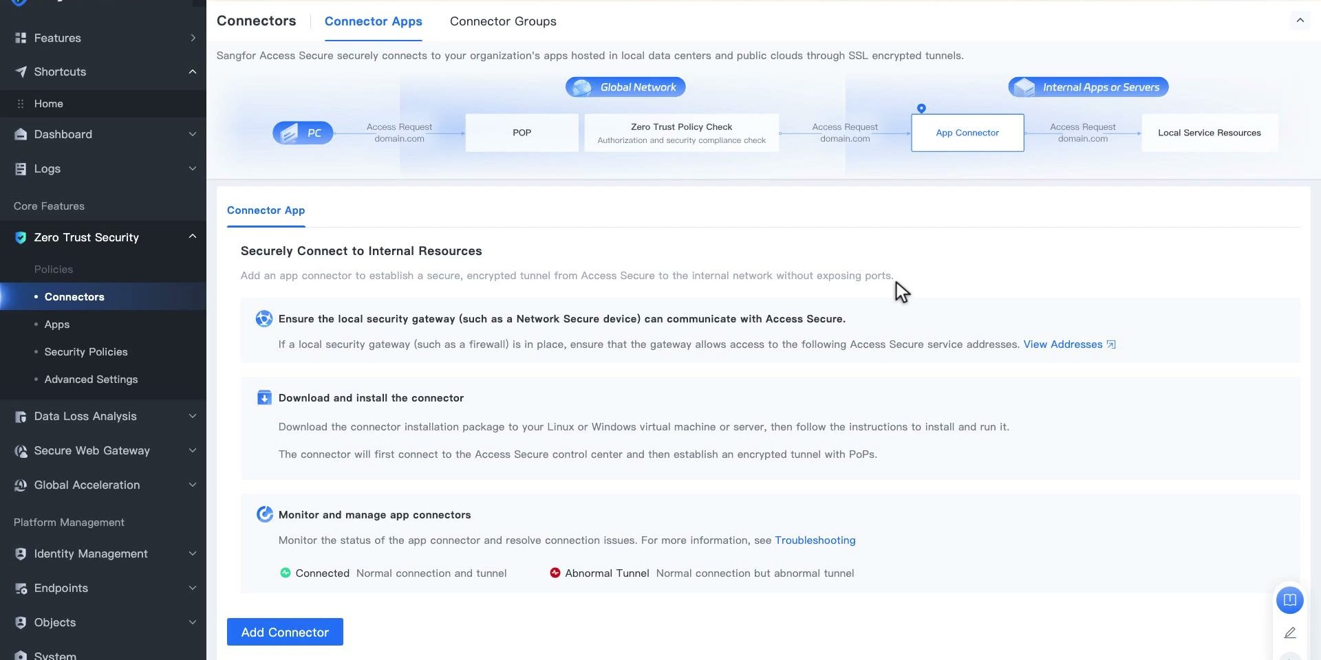 หน้า Connectors แสดงแผนภาพเส้นทาง PC ไป PoP ไป Zero Trust Policy Check ไป App Connector และขั้นตอนเริ่มต้นสามข้อ