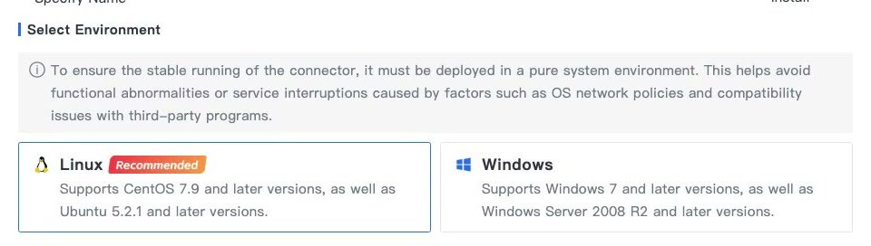 ส่วน Select Environment ในหน้า Install มีตัวเลือก Linux และ Windows พร้อมรุ่น OS ที่รองรับ