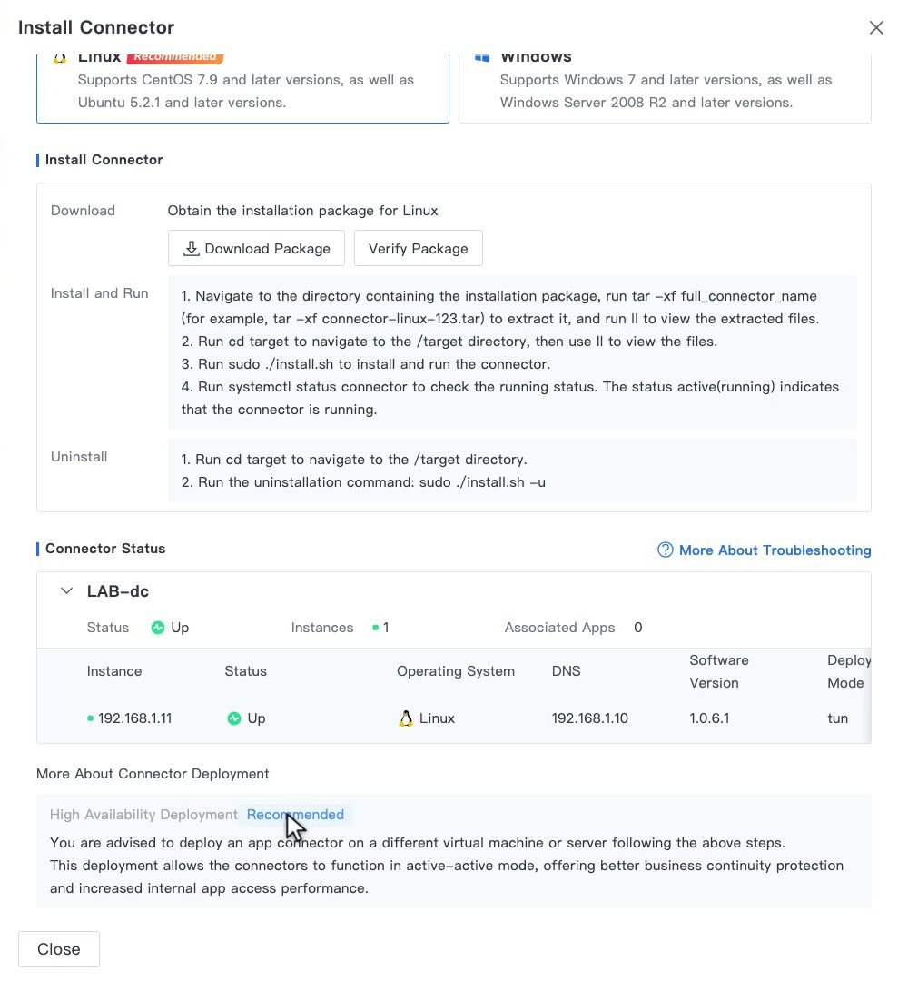 หน้า Install Connector แสดงสถานะ Up และคำแนะนำ High Availability Deployment