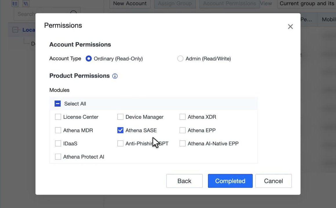 ขั้น Permissions เลือก Account Type และติ๊กโมดูล Athena SASE