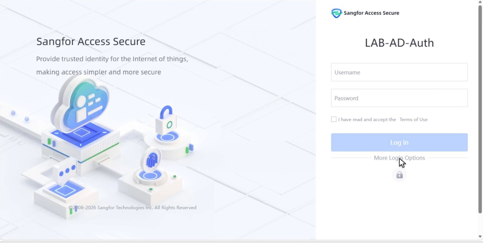 หน้า Login ขององค์กรใน Browser มีช่อง Username, Password, Terms of Use และ More Login Options