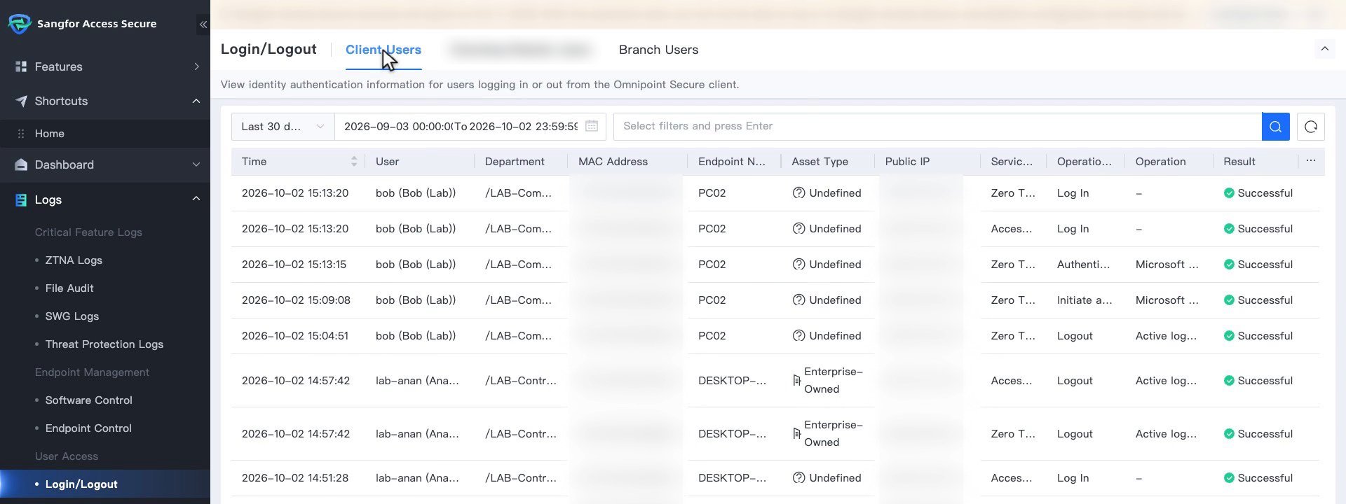 หน้า Logs, User Access, Login/Logout แท็บ Client Users แสดง Service Type, Operation Type และ Operation ของแต่ละรายการ