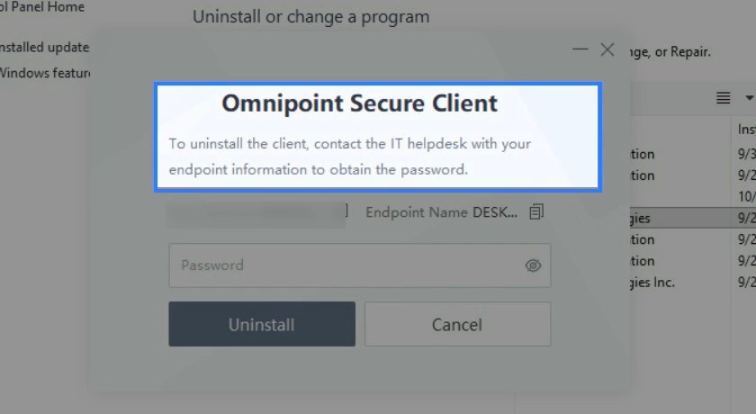 หน้าต่าง Omnipoint Secure Client ขอรหัสผ่านก่อน Uninstall พร้อมข้อความจากผู้ดูแลระบบ ช่อง Password และปุ่ม Uninstall และ Cancel