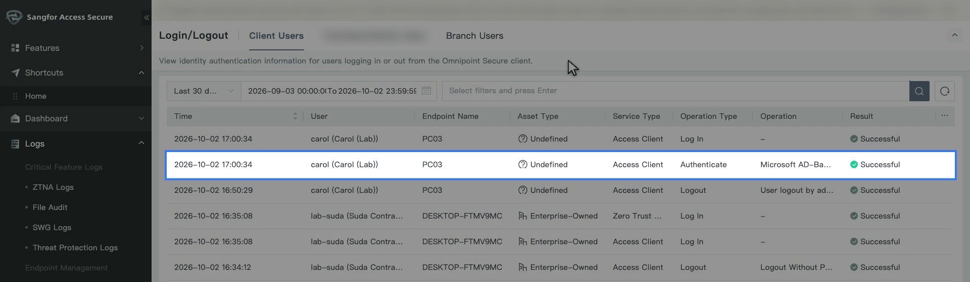 Logs Login/Logout แท็บ Client Users แสดงรายการ Authenticate แบบ Microsoft AD-Based SSO ของผู้ใช้