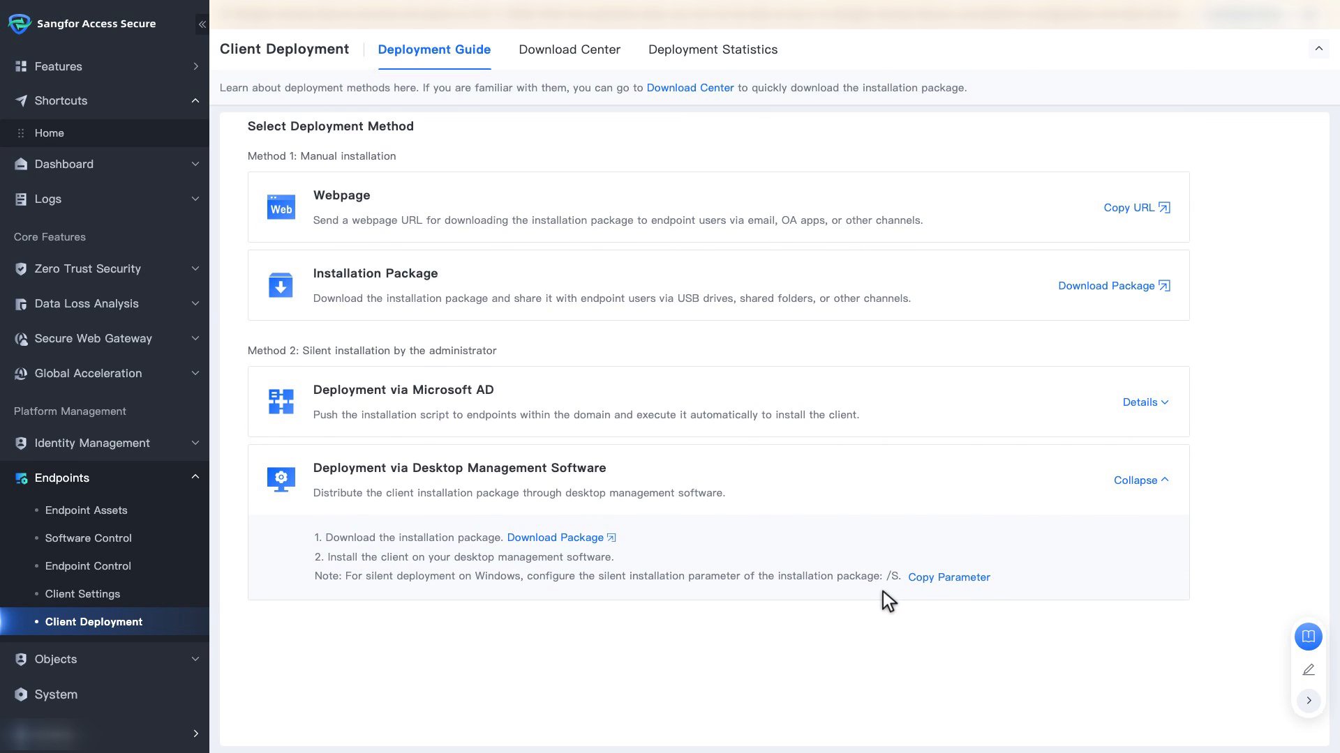 Method 2 ใน Deployment Guide แสดง Deployment via Microsoft AD และ Deployment via Desktop Management Software พร้อมพารามิเตอร์ /S และปุ่ม Copy Parameter