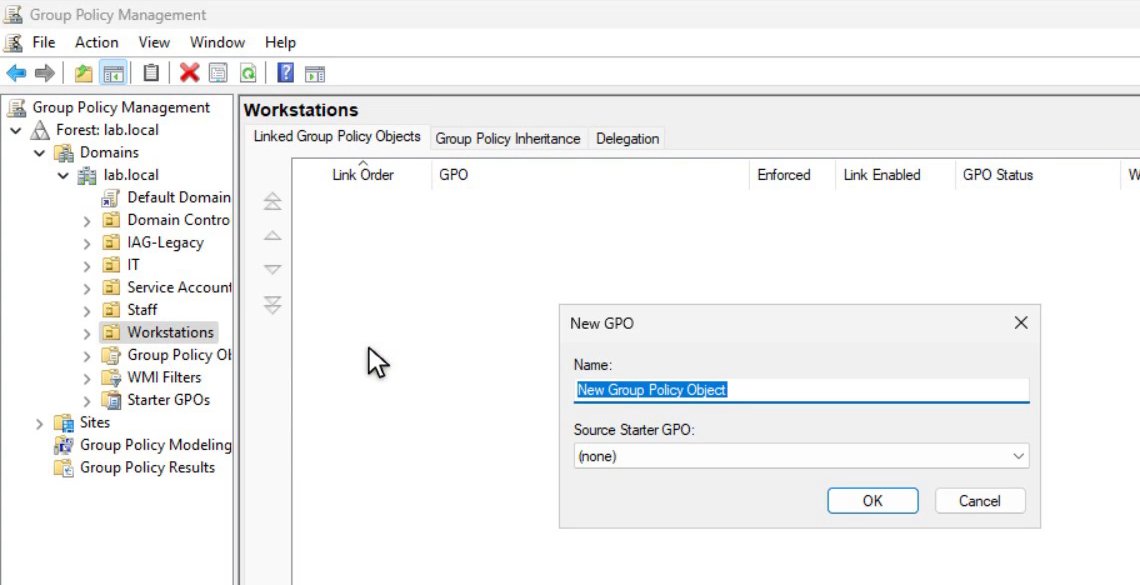 Group Policy Management สร้าง GPO ใหม่และ Link กับ OU ที่เก็บ Computer ของเครื่องผู้ใช้
