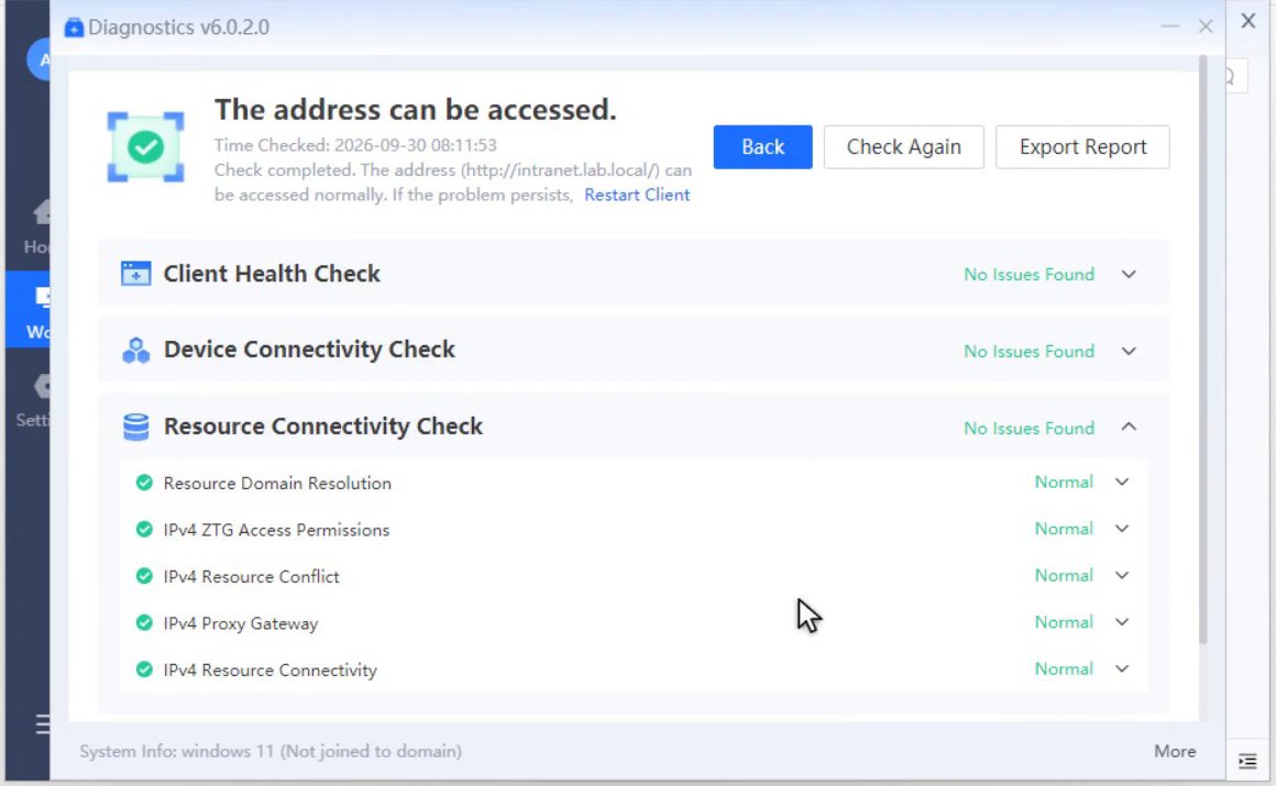 ผลของ Diagnostics แสดง The address can be accessed และผลตรวจ Client Health Check, Device Connectivity Check และ Resource Connectivity Check