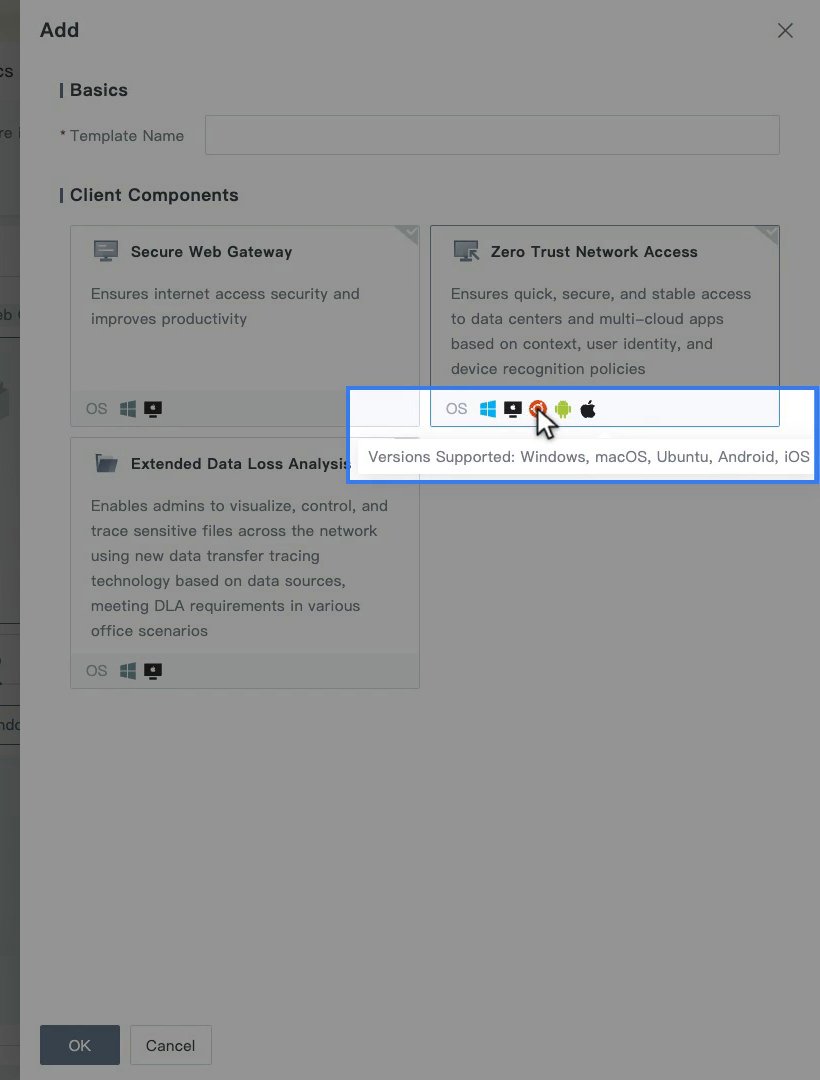 หน้าต่าง Add Template แสดงว่า Zero Trust Network Access รองรับ Windows, macOS, Ubuntu, Android และ iOS