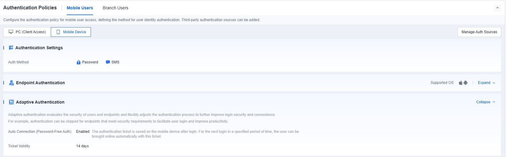 แท็บ Mobile Device ใน Authentication Policies แสดง Auth Method, Endpoint Authentication และ Auto Connection (Password-Free Auth) พร้อม Ticket Validity