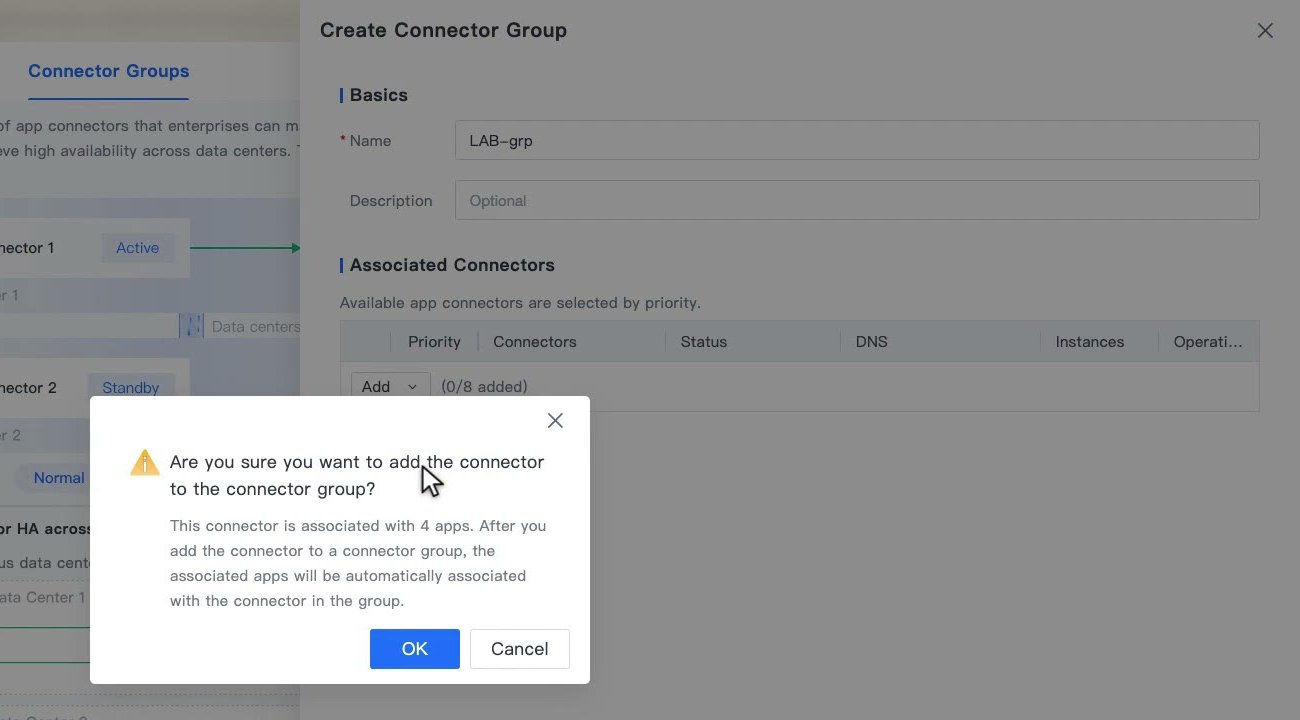 ข้อความยืนยันเมื่อเพิ่ม Connector ที่มี App ผูกอยู่เข้า Connector Group