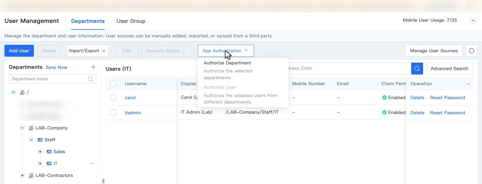 หน้า User Management เมนู App Authorization มีตัวเลือก Authorize Department และ Authorize User
