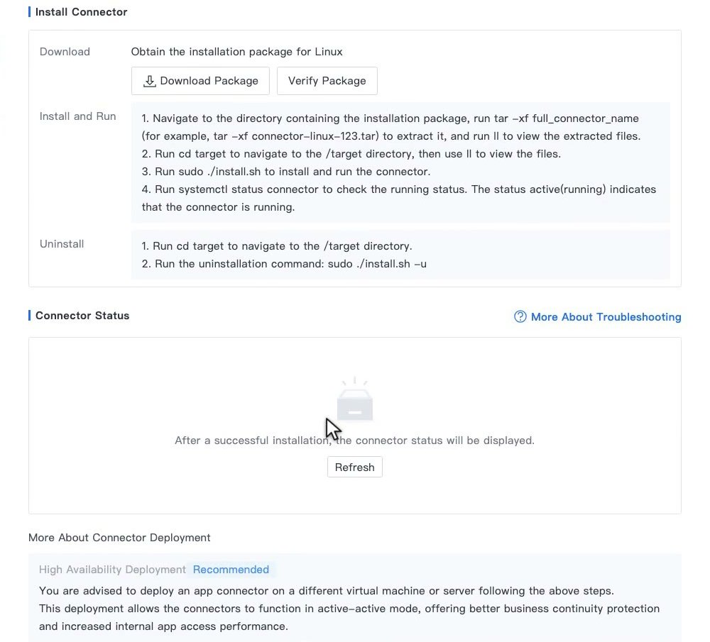 หน้าต่าง Install ของ Connector แสดงคำสั่งติดตั้ง Connector Status และคำแนะนำ High Availability Deployment
