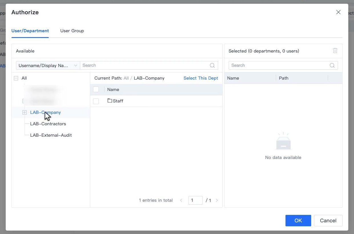 หน้าต่าง Authorize แท็บ User/Department เลือก Department จากแผนผังและลิงก์ Select This Dept