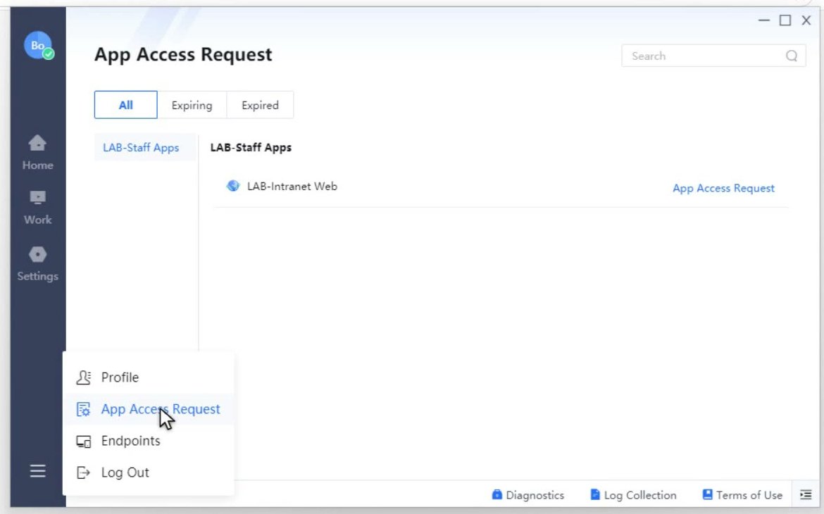 เมนูมุมซ้ายล่างของ Client มีรายการ App Access Request และหน้าแสดง App ที่ขอสิทธิ์ได้