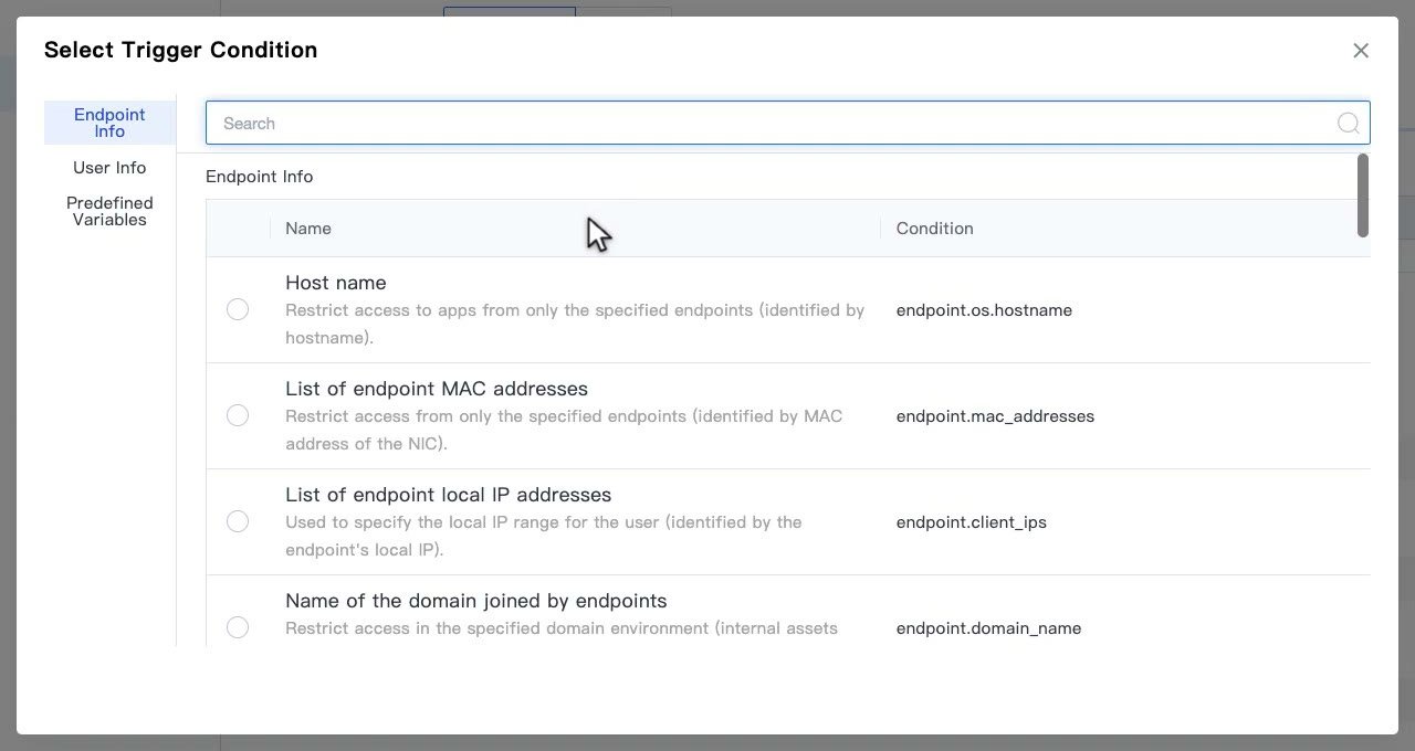 หน้าต่าง Select Trigger Condition กลุ่ม Endpoint Info