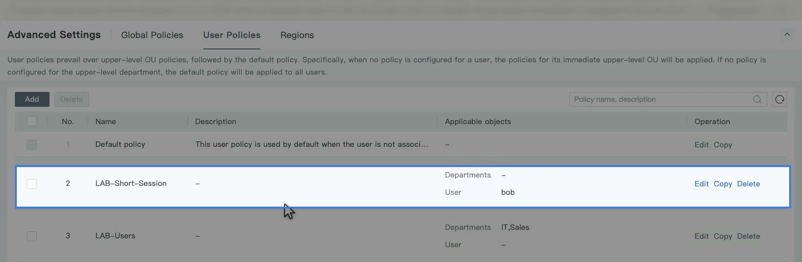 รายการ User Policies มี Default policy, Policy ที่ผูกกับผู้ใช้รายคน และ Policy ของ Department