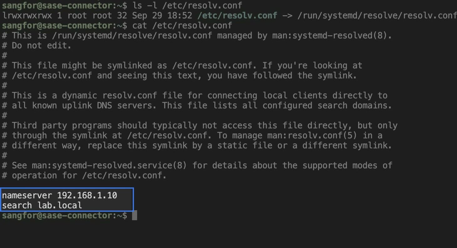ไฟล์ resolv.conf บนเครื่อง Connector มี nameserver เป็น DNS ภายในและ search domain