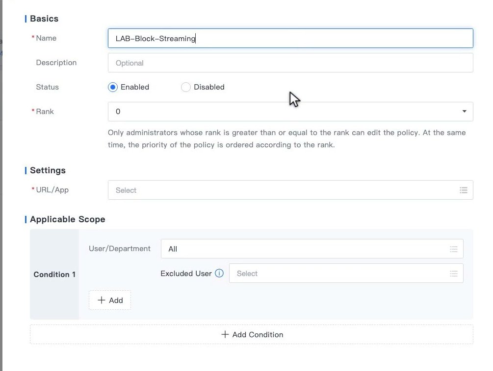 ฟอร์ม Add ของ URL & App Control แสดง Basics, Settings ช่อง URL/App และ Applicable Scope ที่มี User/Department และ Excluded User