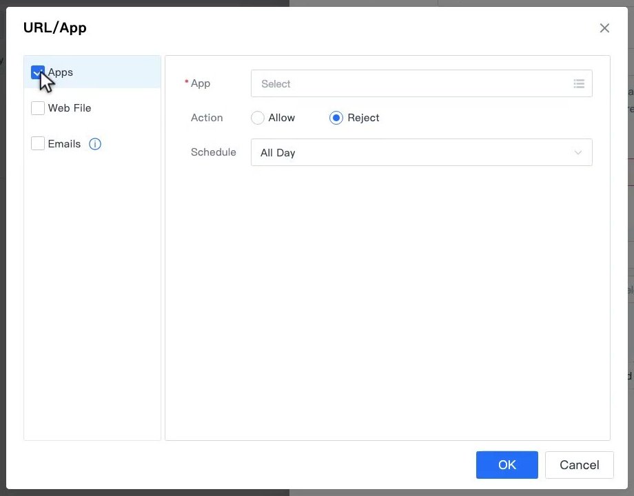 หน้าต่าง URL/App ติ๊ก Apps แล้ว แสดงช่อง App, Action Allow หรือ Reject และ Schedule All Day