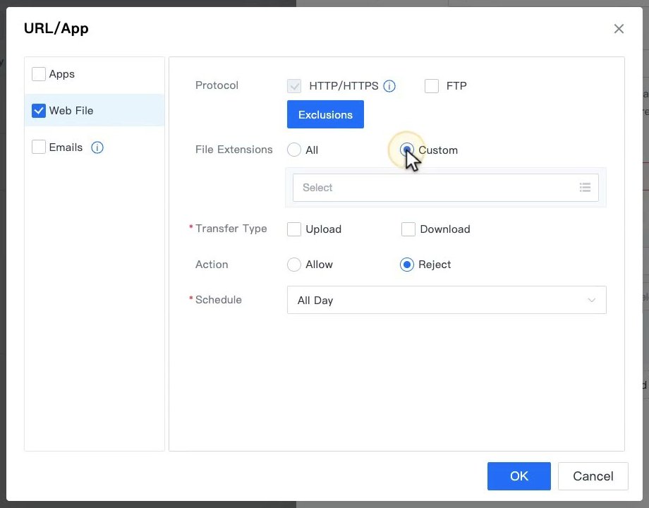 หน้าต่าง URL/App แบบ Web File แสดง Protocol, Exclusions, File Extensions แบบ Custom, Transfer Type, Action และ Schedule