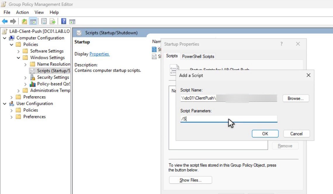 หน้าต่าง Add a Script ใน Startup Properties ระบุ Script Name เป็น Package บน Shared Folder และ Script Parameters เป็น /S