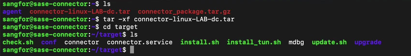 Terminal แตกไฟล์ Package ด้วย tar และแสดงไฟล์ในโฟลเดอร์ target