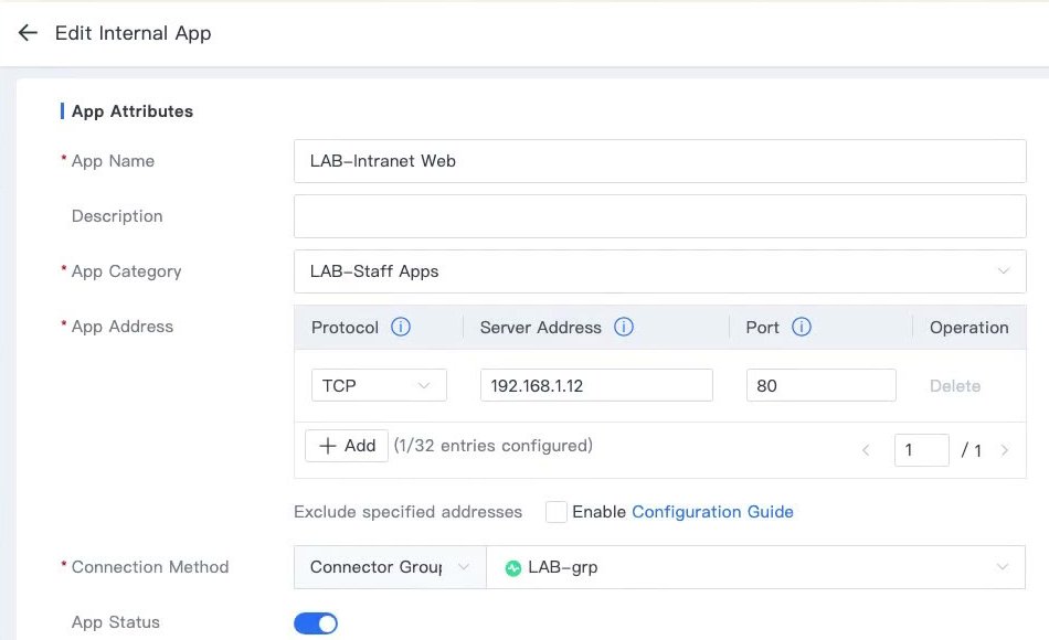 หน้า Edit Internal App ช่อง Connection Method ตั้งเป็น Connector Group
