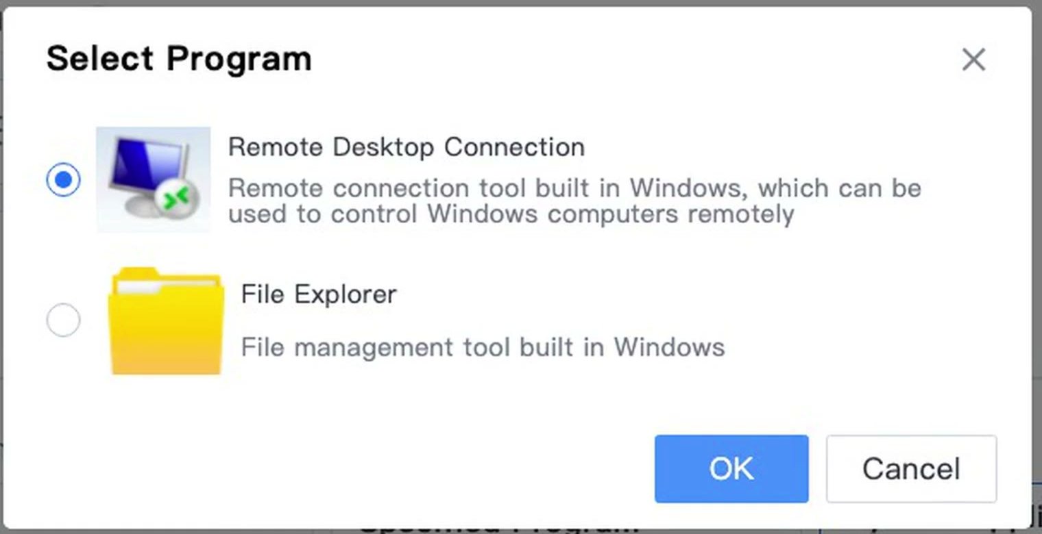 หน้าต่าง Select Program ของ System Application มี Remote Desktop Connection และ File Explorer
