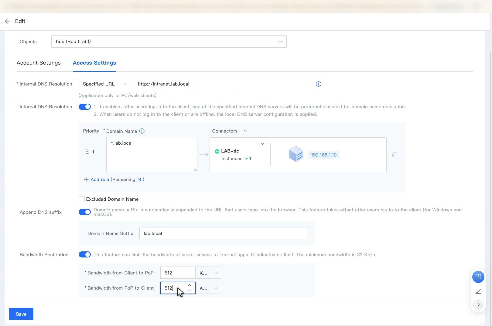 แท็บ Access Settings ตั้ง Specified URL, Internal DNS Resolution, Append DNS suffix และ Bandwidth Restriction