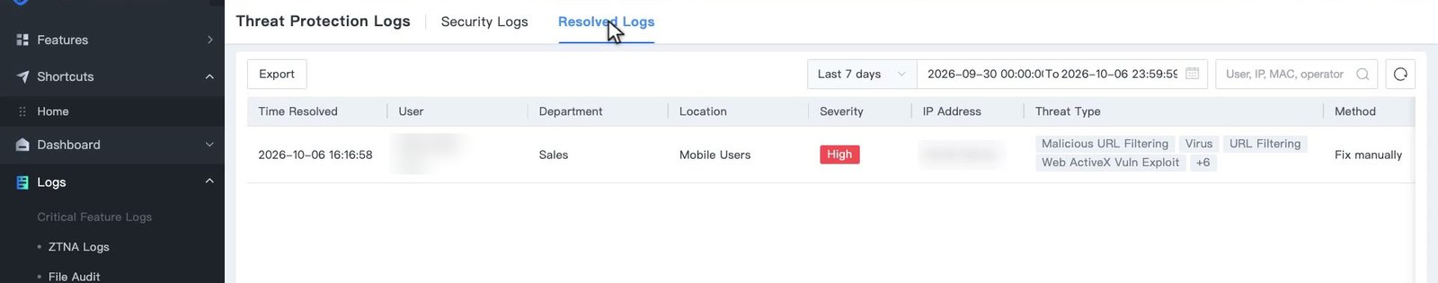 แท็บ Resolved Logs ใน Threat Protection Logs แสดงเวลาที่ Resolve ผู้ใช้ แผนก ความรุนแรง ประเภทภัย และ Method