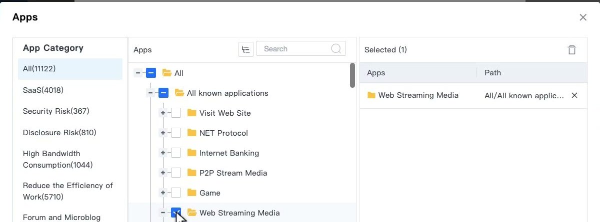 หน้าต่าง Apps ติ๊กหมวด Web Streaming Media ช่อง Selected แสดง 1 รายการพร้อม Path