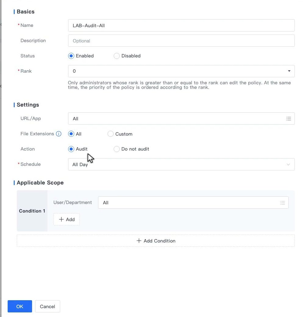 ฟอร์ม Add ของ URL & App Audit แสดง Basics, Settings (URL/App, File Extensions, Action, Schedule) และ Applicable Scope