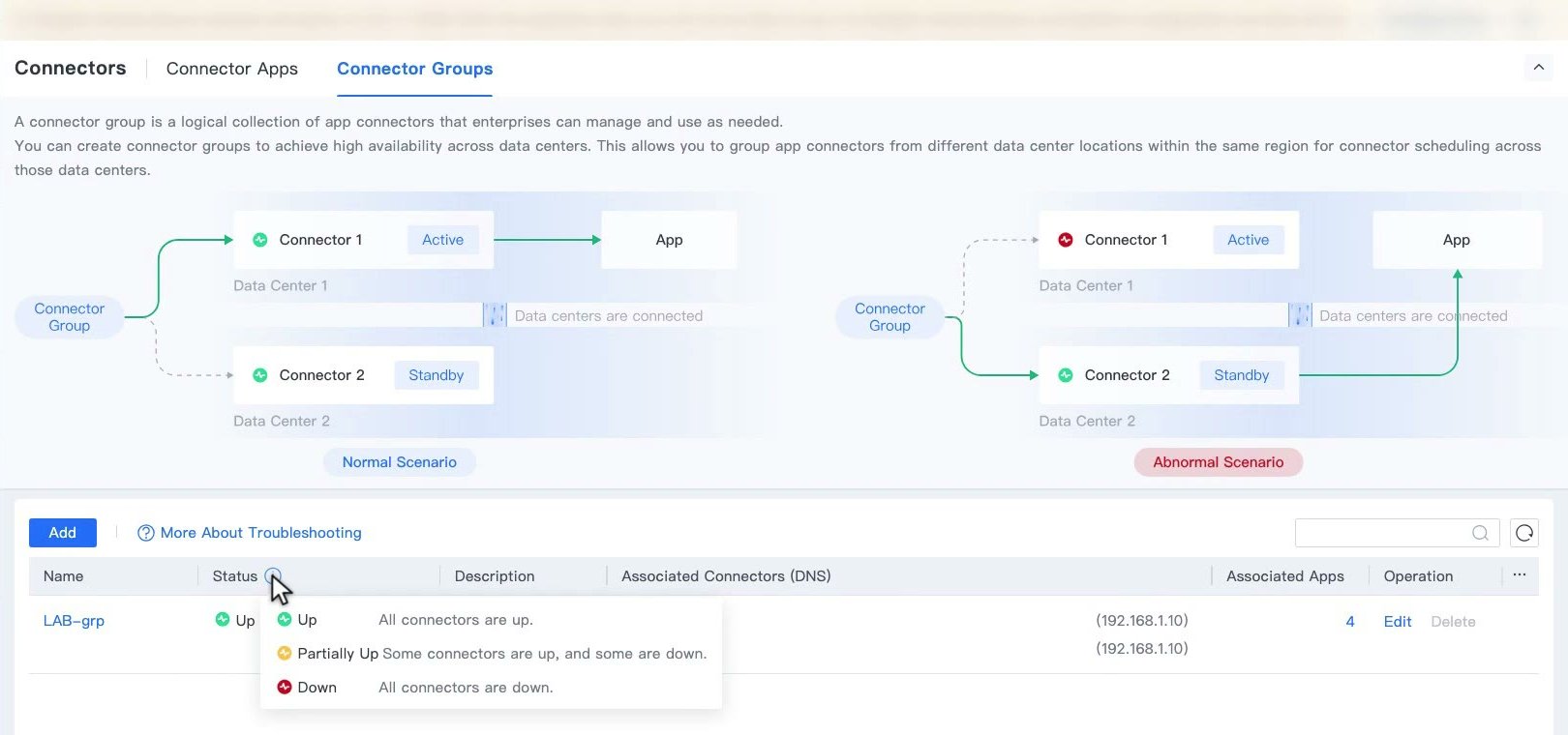 รายการ Connector Groups พร้อม Tooltip ของ Status อธิบาย Up Partially Up และ Down