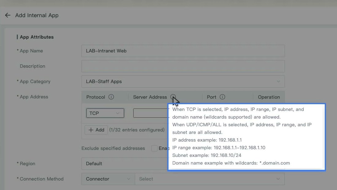 Tooltip ของช่อง Server Address อธิบายรูปแบบ IP ช่วง IP Subnet และชื่อโดเมนที่รับได้ตาม Protocol