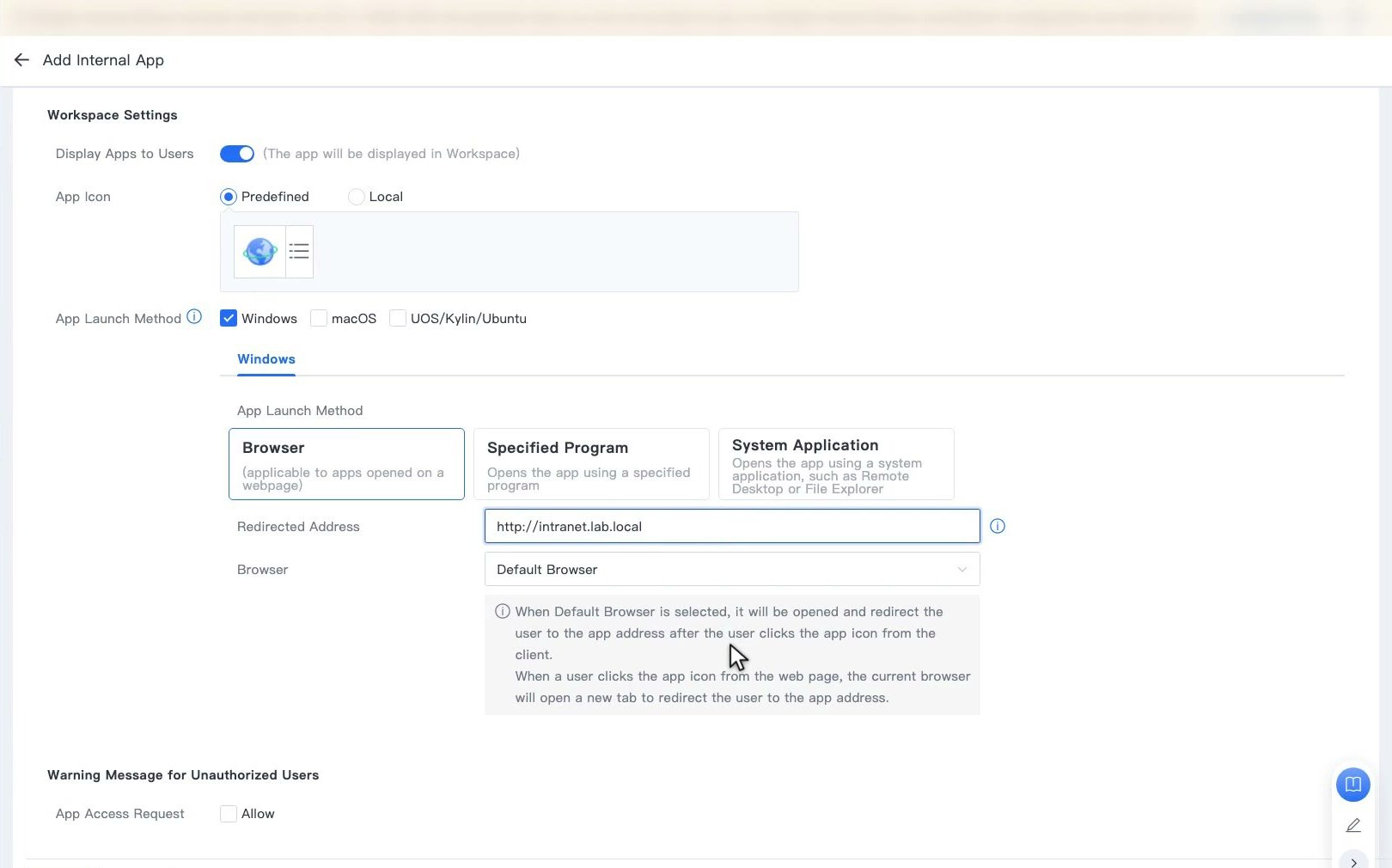 แท็บ Personalized ติ๊ก Windows เลือกวิธีเปิด Browser และกรอก Redirected Address